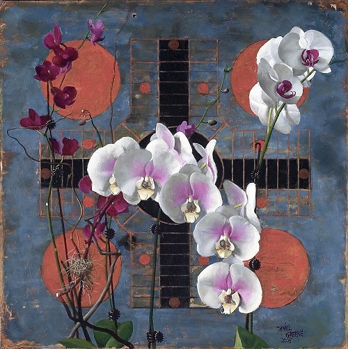 Blue and Orange Antique Gameboard with Orchids